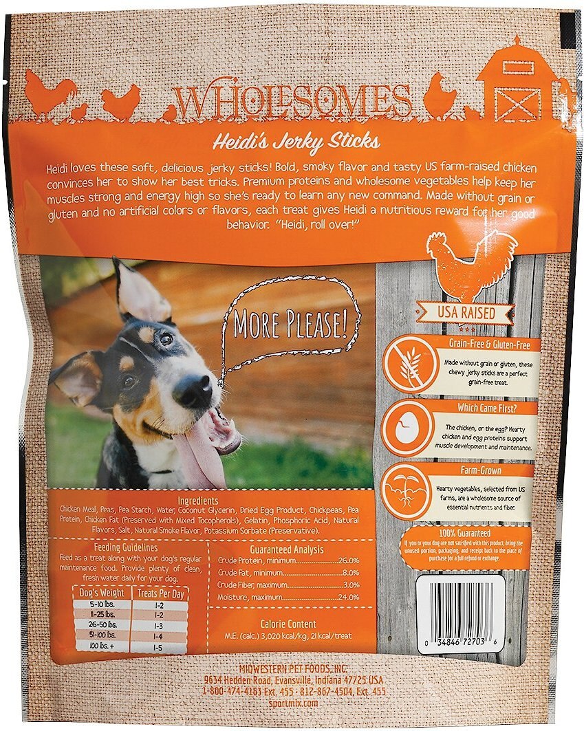 Wholesomes Heidi's Chicken Jerky Sticks Grain Free Dog Treats 25 oz - back of package