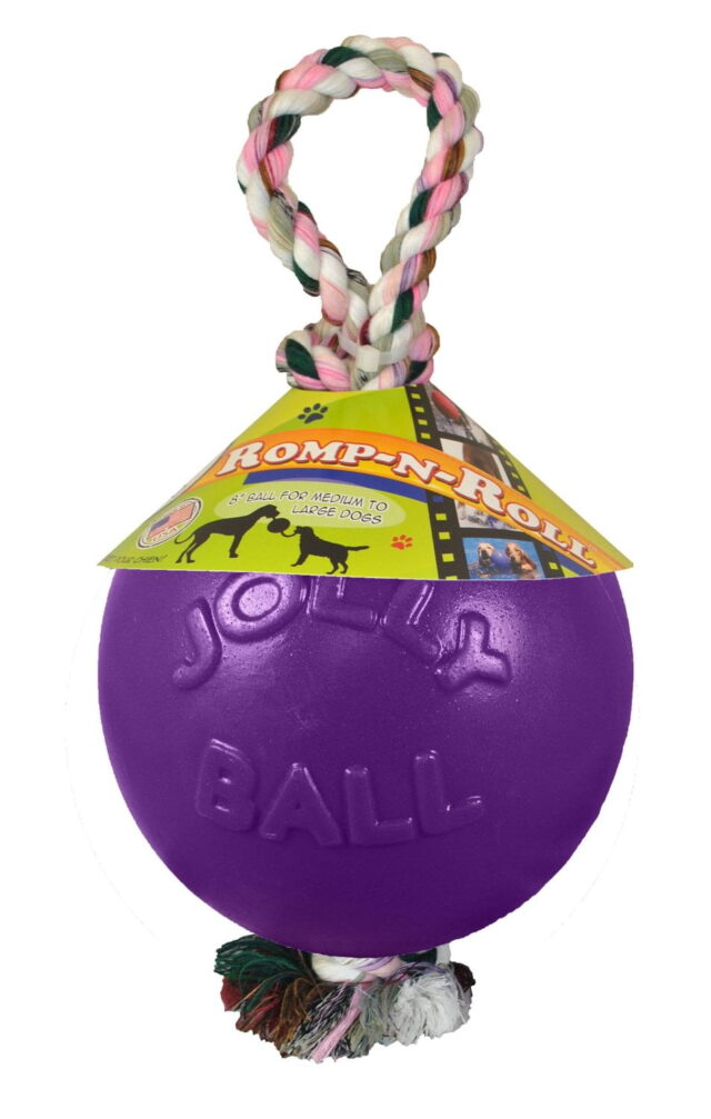 Jolly Pets Romp-n-Roll 4.5 inch Purple Rubber Ball with Rope for Dogs