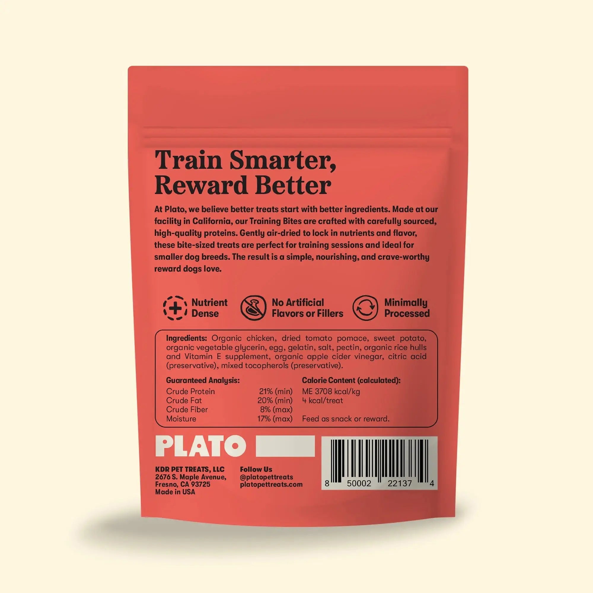 Plato Small Bites Organic Chicken Dog Treats - back of package