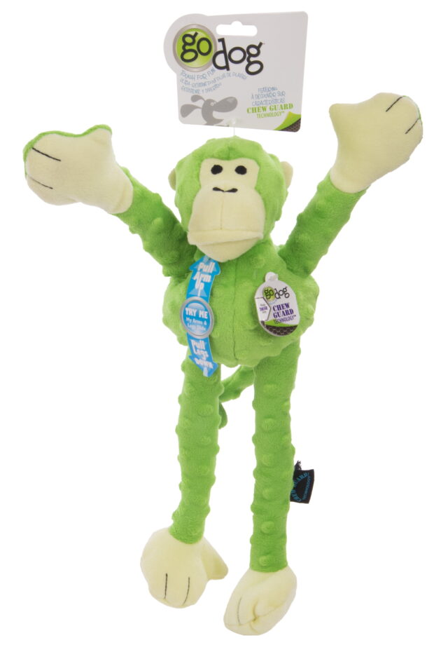 goDog Crazy Tugs Monkeys with Chew Guard Technology Durable Plush Squeaker Dog Toy, Large, Green
