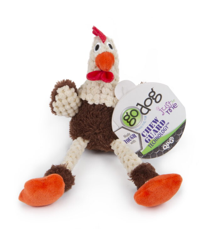goDog® Checkers? Skinny Brown Rooster Just for Me? with Chew Guard Technology? Durable Plush Squeaker Dog Toy Mini