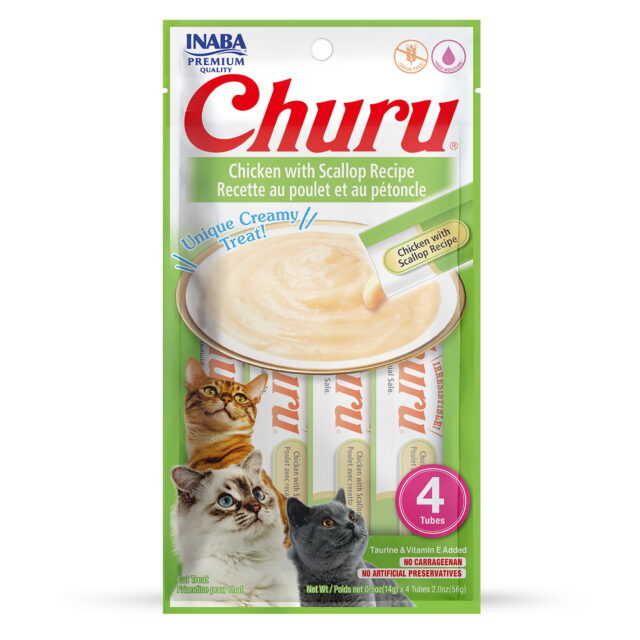 INABA Churu Creamy Lickable Wet Cat Treat with Taurine 0.5 oz 4 Tubes Chicken with Scallop