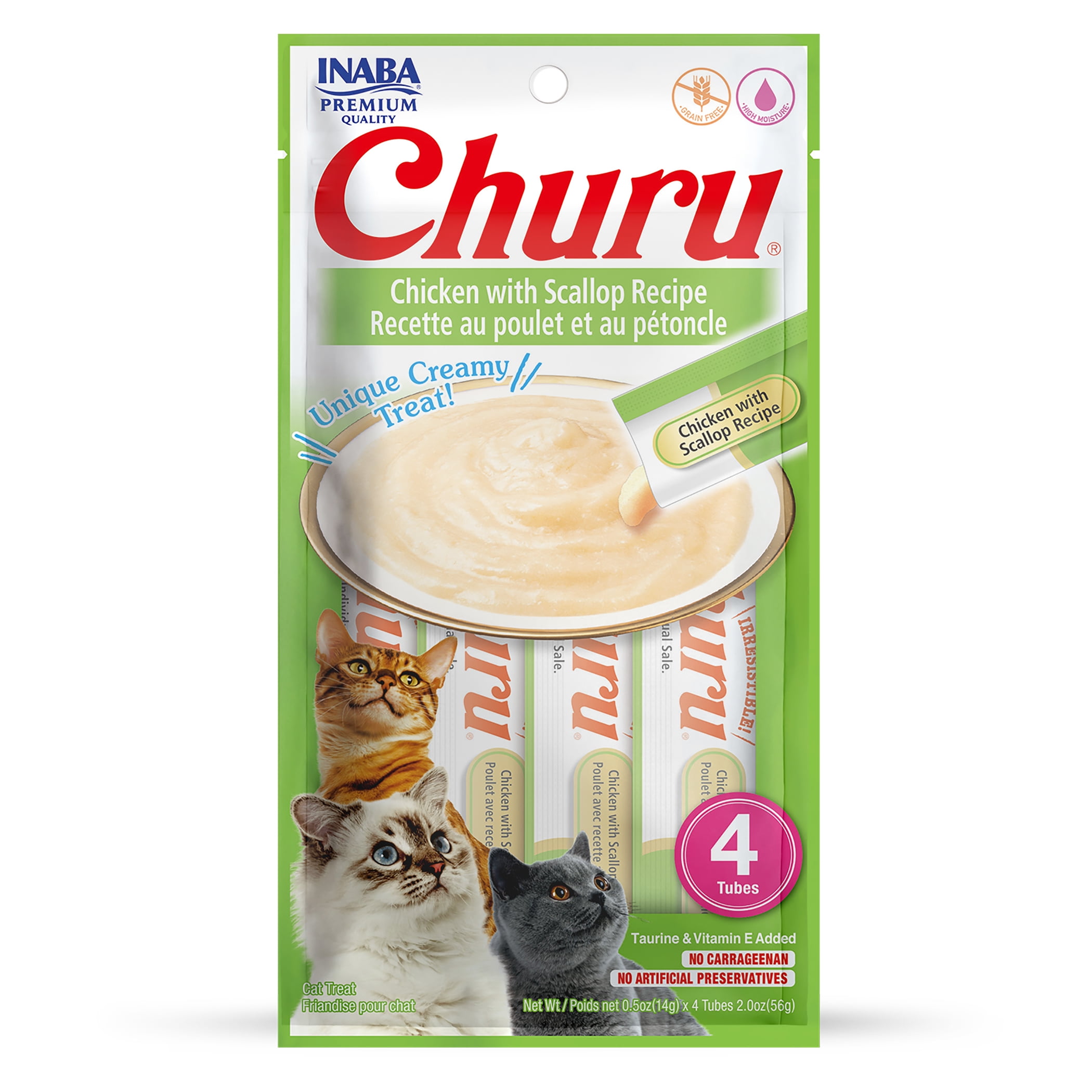 INABA Churu Creamy Lickable Wet Cat Treat with Taurine 0.5 oz 4 Tubes Chicken with Scallop