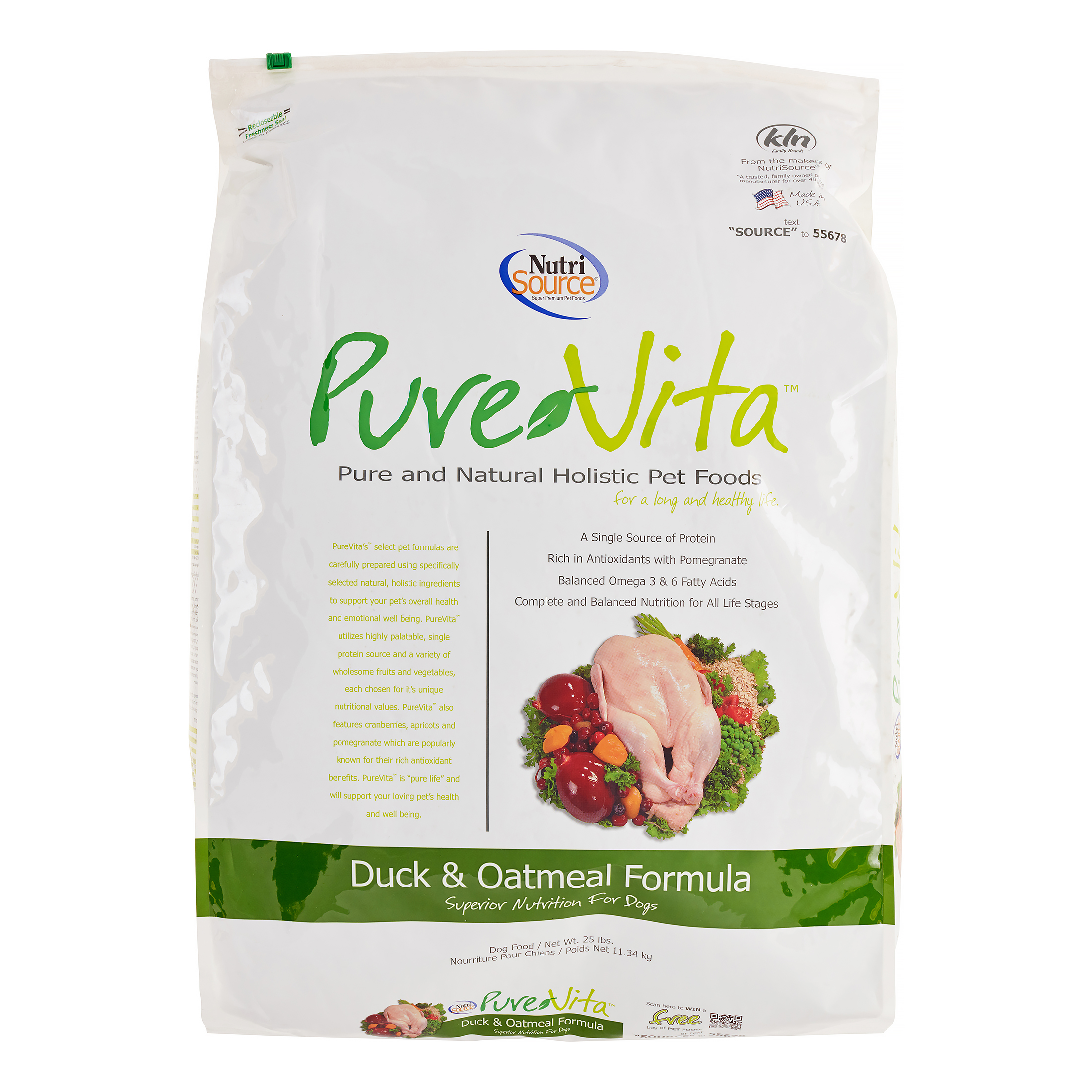 Pure Vita Duck & Oatmeal Formula Dry Dog Food 25 Lb
