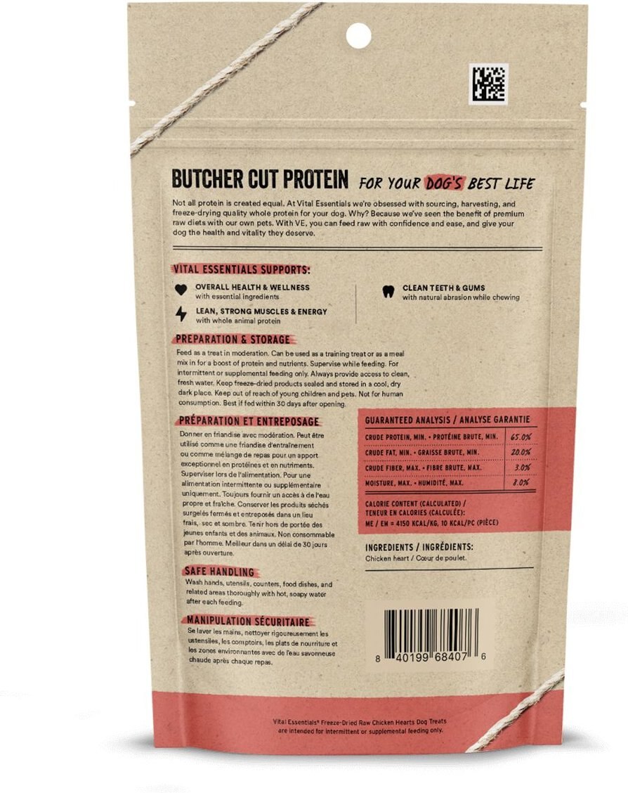 Vital Essentials Freeze-Dried Raw Chicken Hearts Dog Treats - back of package