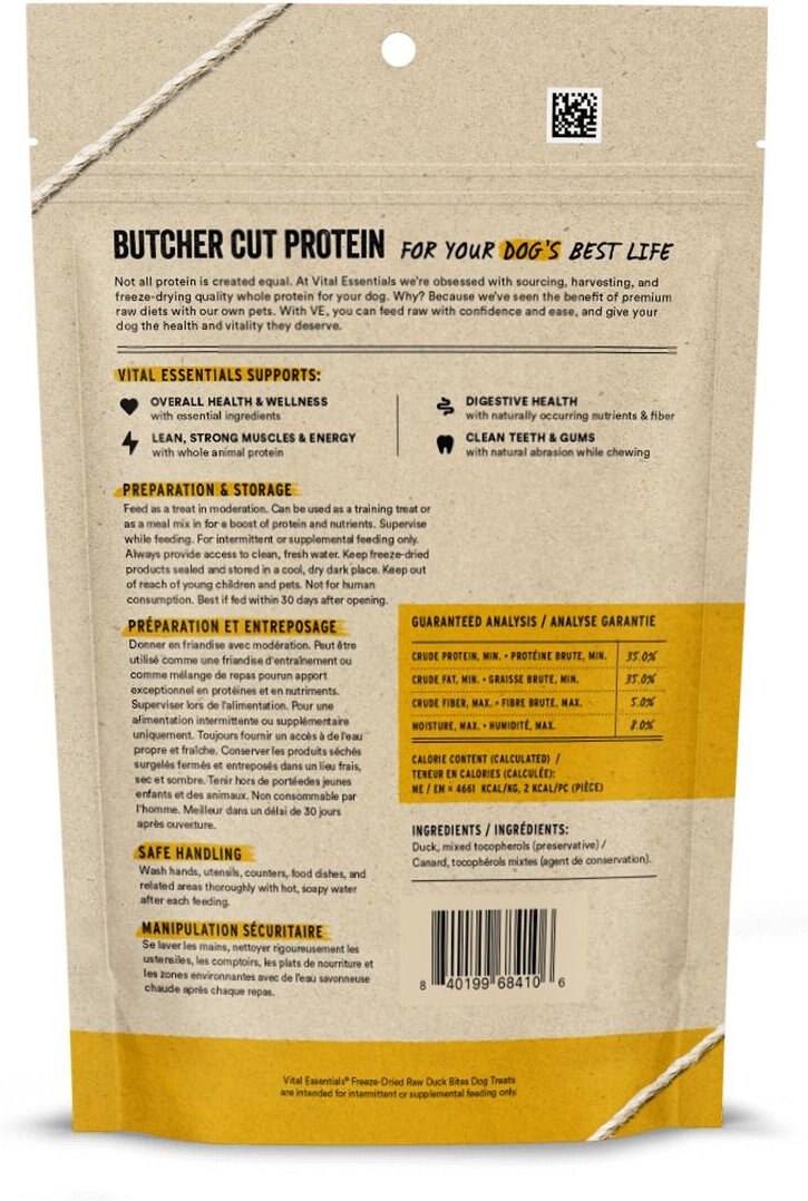 Vital Essentials Freeze-Dried Raw Duck Bites Dog Treats - back of package