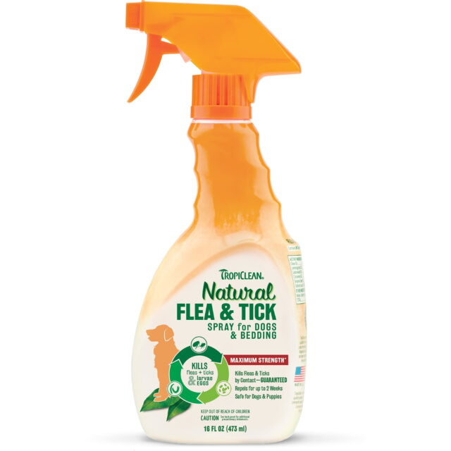 TropiClean Natural* Flea & Tick Pet & Bedding Spray for Dogs 16 oz – Made in USA – Dog Flea Spray for Flea & Tick Control & Treatment – Kills 99% of Fleas Ticks Larvae Eggs by Contact