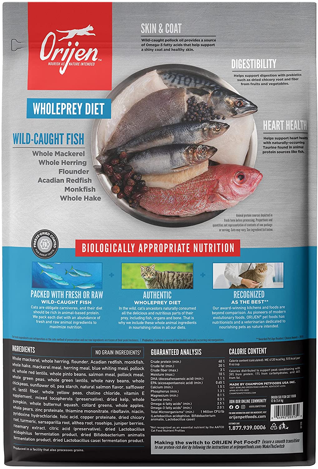 Orijen Six Fish Biologically Appropriate Fresh Fish & Sea Vegetables Dry Cat Food - back of bag