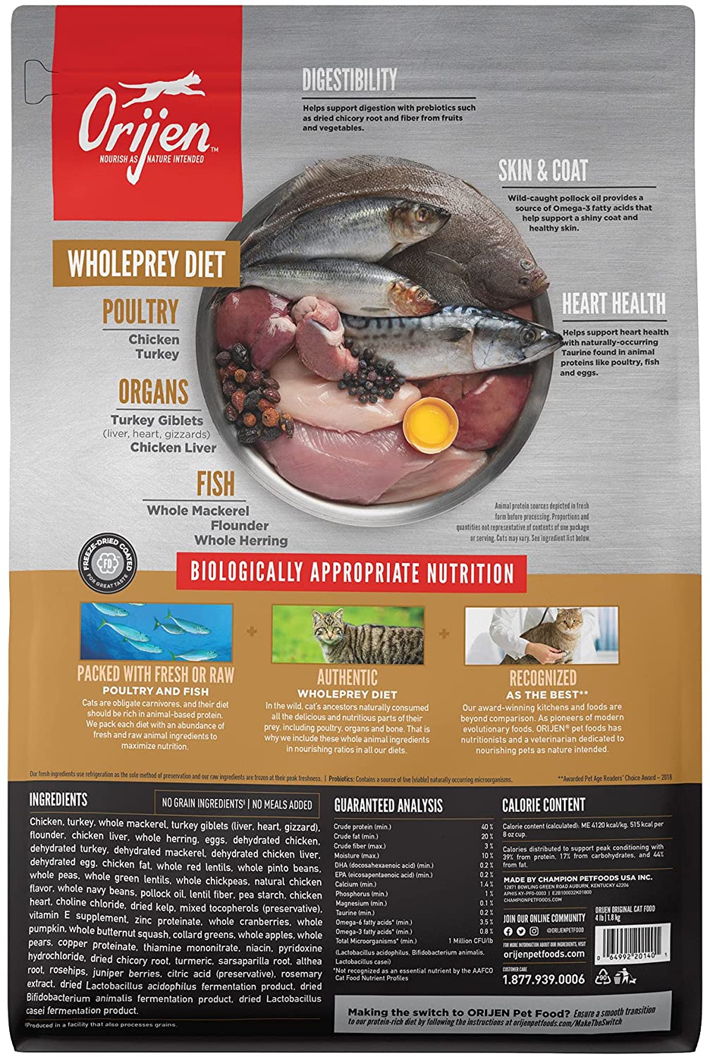 Orijen Cat & Kitten Biologically Appropriate Grain-Free Chicken Turkey & Fish Dry Cat Food - back of bag