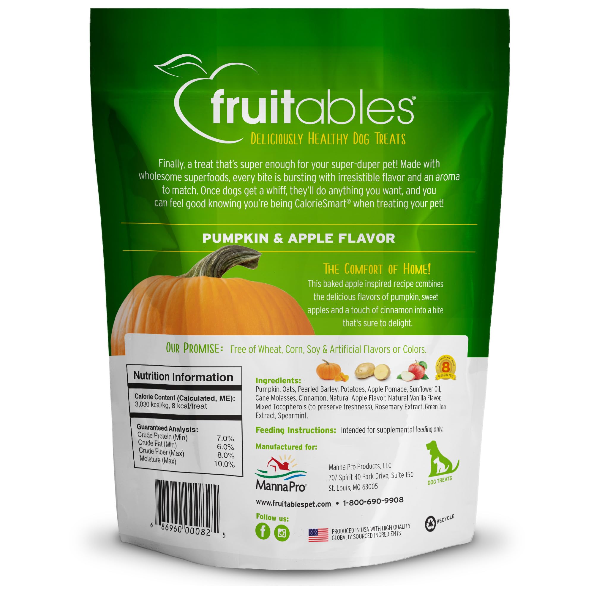 Fruitables Baked Pumpkin & Apple Flavor Dog Treats 7 oz - back of package