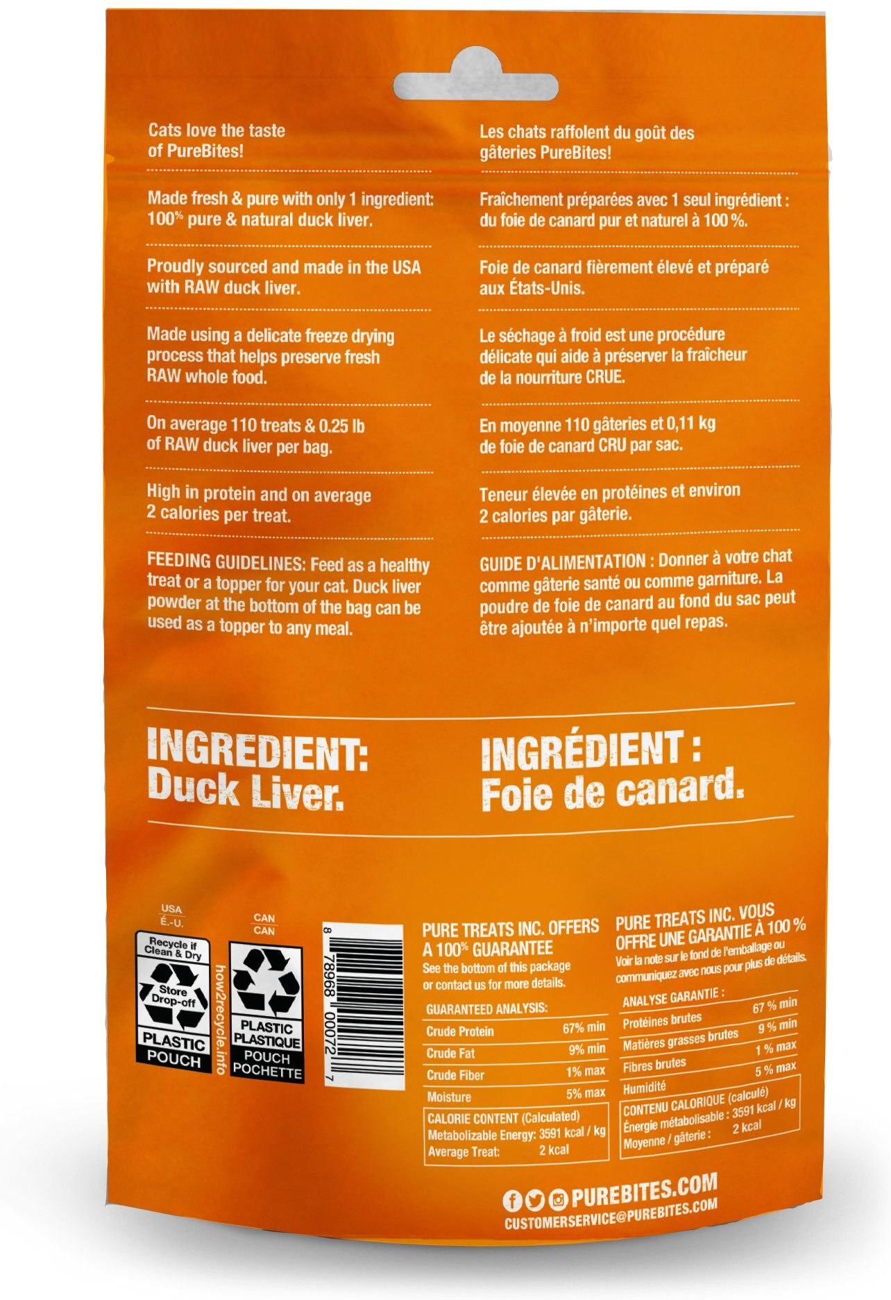 PureBites Duck Liver Freeze-Dried Cat Treats 1.05 oz - back of package