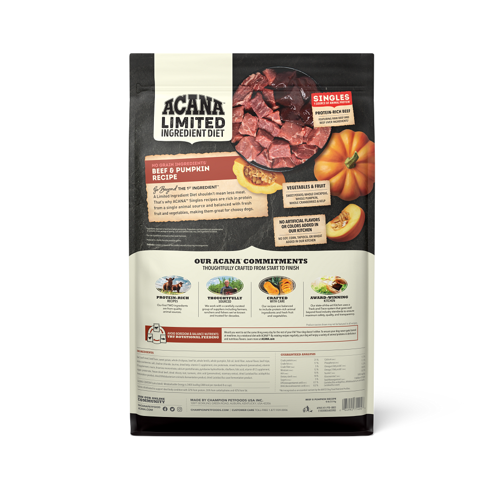 ACANA Singles Beef & Pumpkin Limited Ingredient Dry Dog Food - back of bag