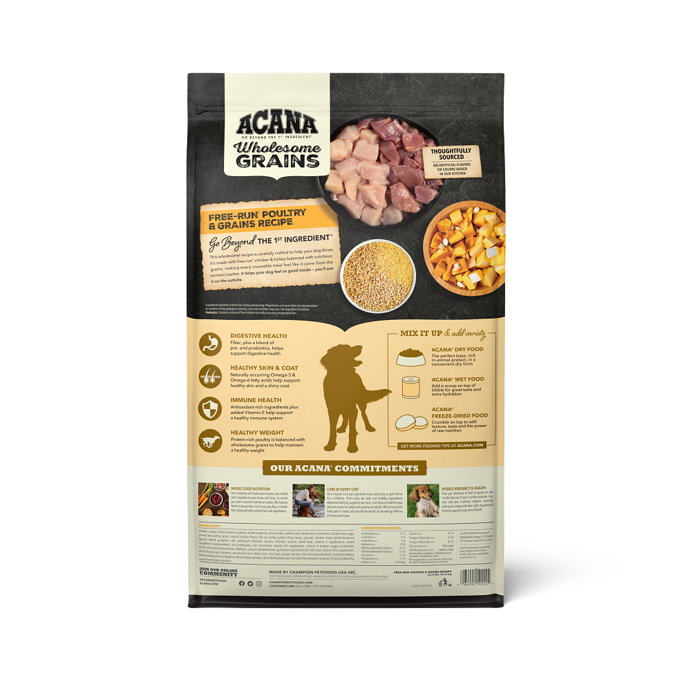 ACANA Wholesome Grains Dry Dog Food Free Run Poultry and Grains Chicken & Turkey Cage-Free Eggs Gluten Free 4lb - back of bag