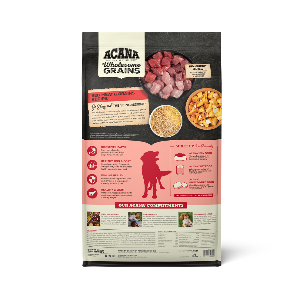 ACANA Wholesome Grains Red Meat & Grains Recipe Dry Dog Food - back of bag