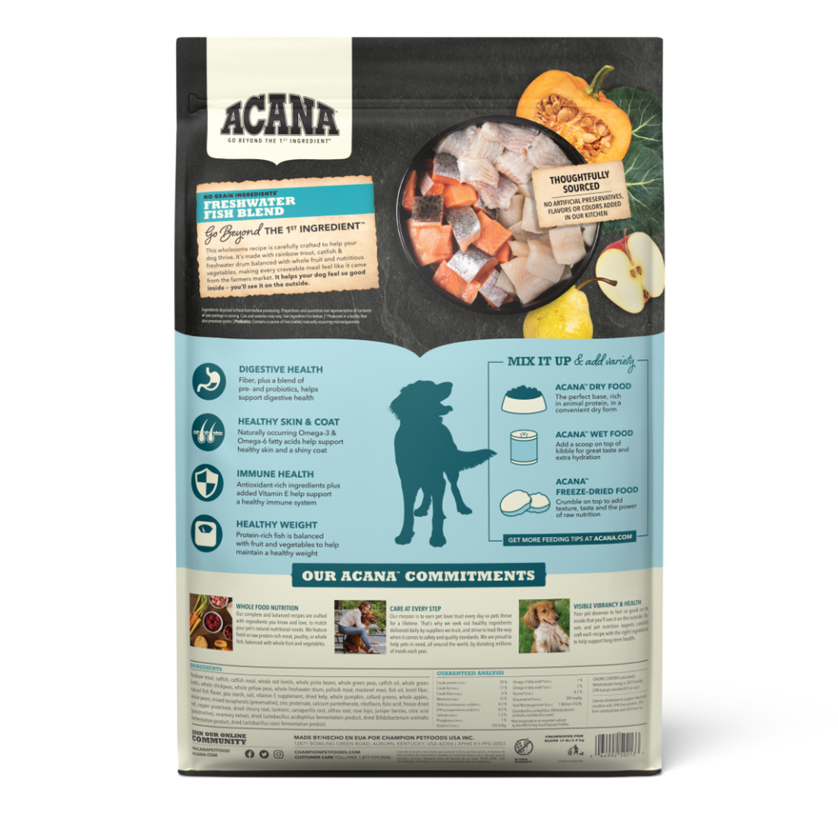 Acana Heritage Grain-Free Freshwater Fish Formula With Trout Catfish Perch & Greens Dry Dog Food - back of bag