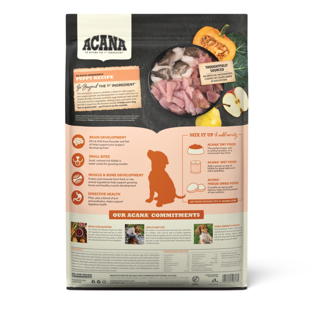 Acana Heritage Grain-Free Puppy and Junior Dry Dog Food - back of bag