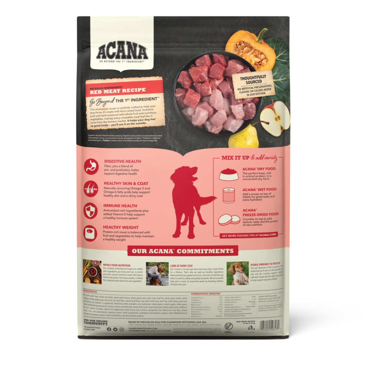 Acana Heritage Meats Formula Grain-Free Beef Pork & Lamb Dry Dog Food - back of bag