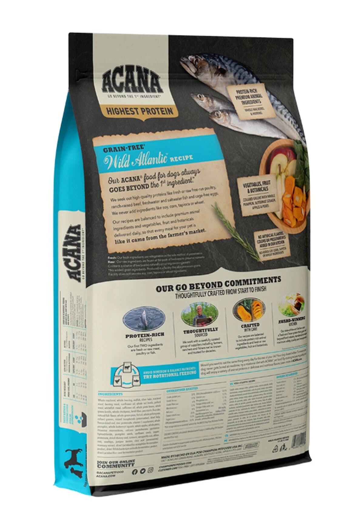 Acana Wild Atlantic Grain-Free Wild-Caught New England Fish & Kentucky Greens Dry Dog Food - back of bag