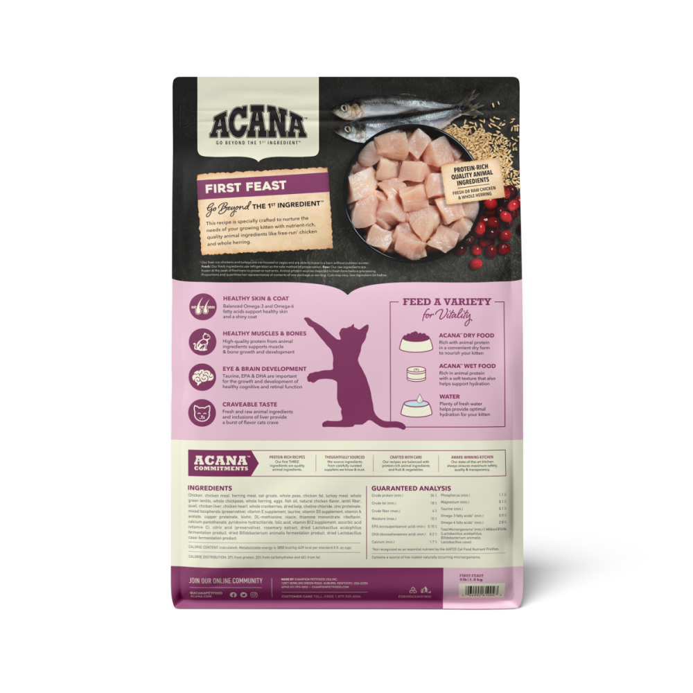 ACANA First Feast For Kittens Chicken and Fish Dry Cat Food, 4 lbs. - back of bag
