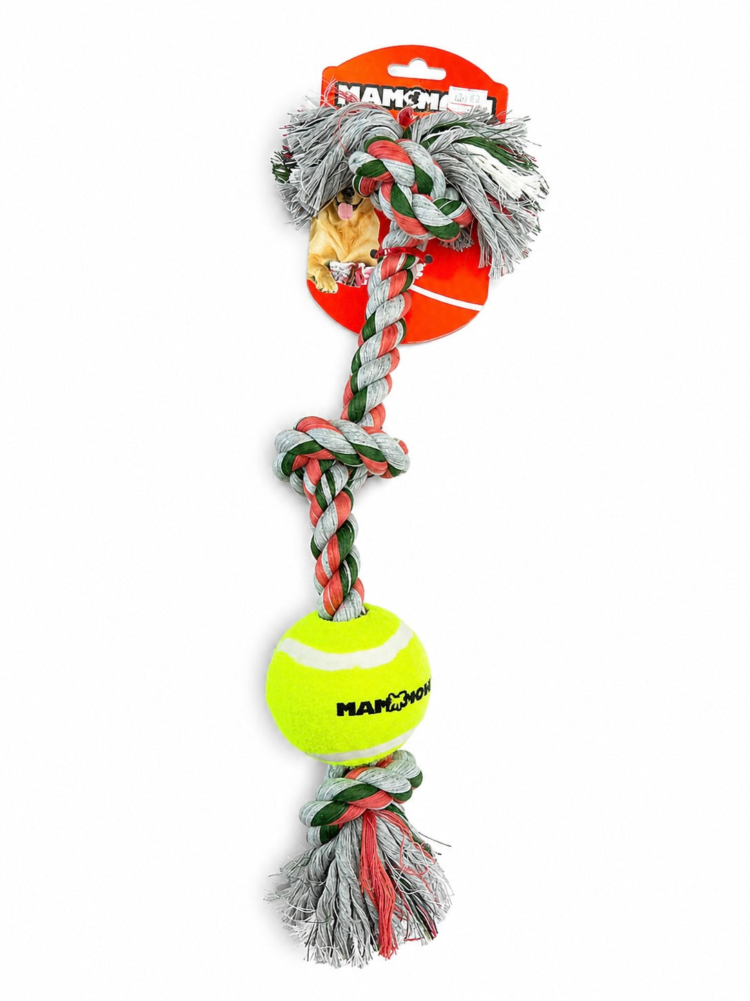 Mammoth Flossy Chews Cottonblend 3 Knot Tug Rope Dog Toy with 3″ Tennis Ball Medium 20 Assorted Colors