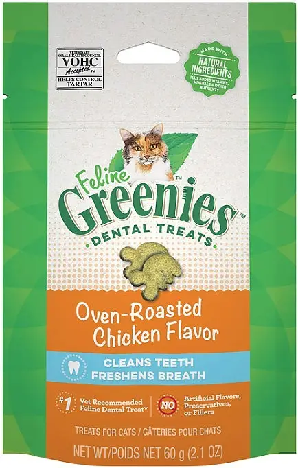 Greenies Feline Oven Roasted Chicken Flavor Adult Natural Dental Cat Treats 2.1 oz Pouch