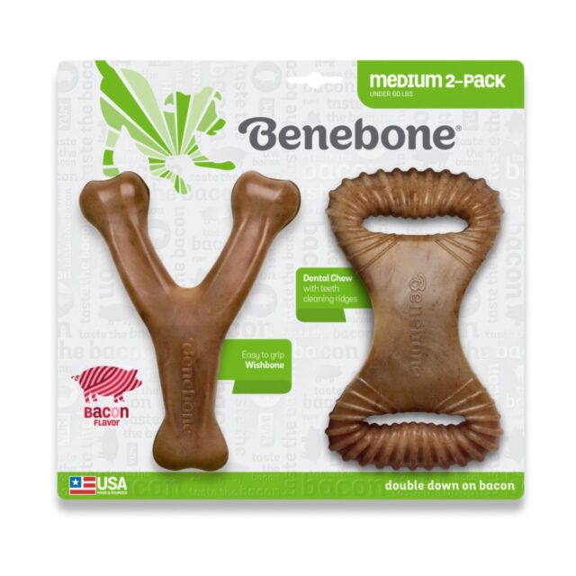 Benebone Dental Chew/Wishbone Bacon Dog Toy, Medium, Pack of 2