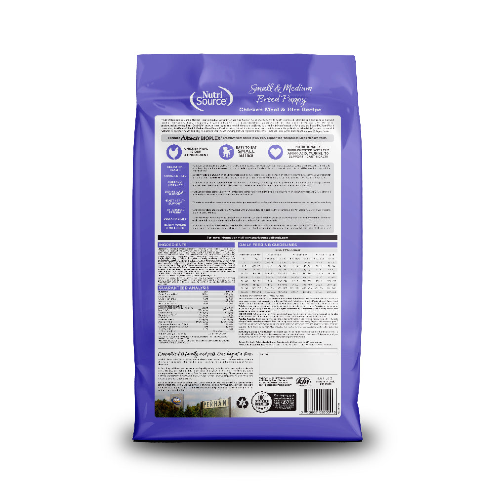 NutriSource Small & Medium Breed Puppy Chicken Meal & Rice - back of bag