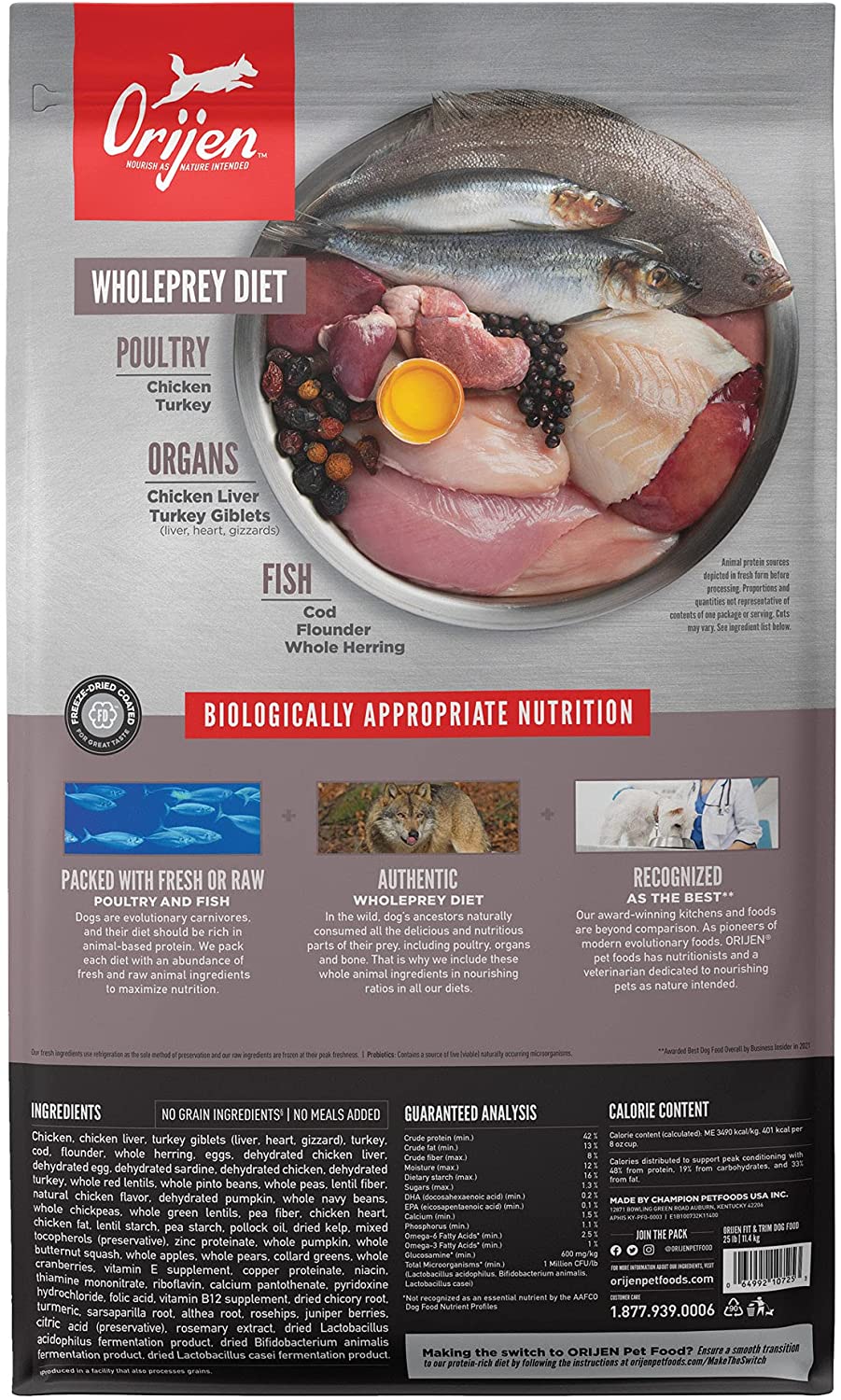Orijen Fit & Trim Biologically Appropriate Grain-Free Dry Dog Food - back of bag