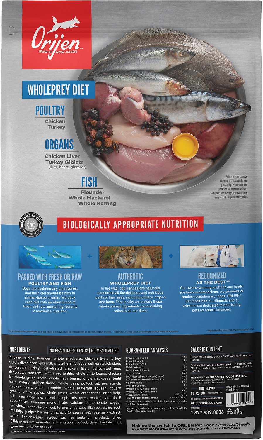 Orijen Original Biologically Appropriate Grain-Free Chicken Turkey & Fish Dry Dog Food - back of bag