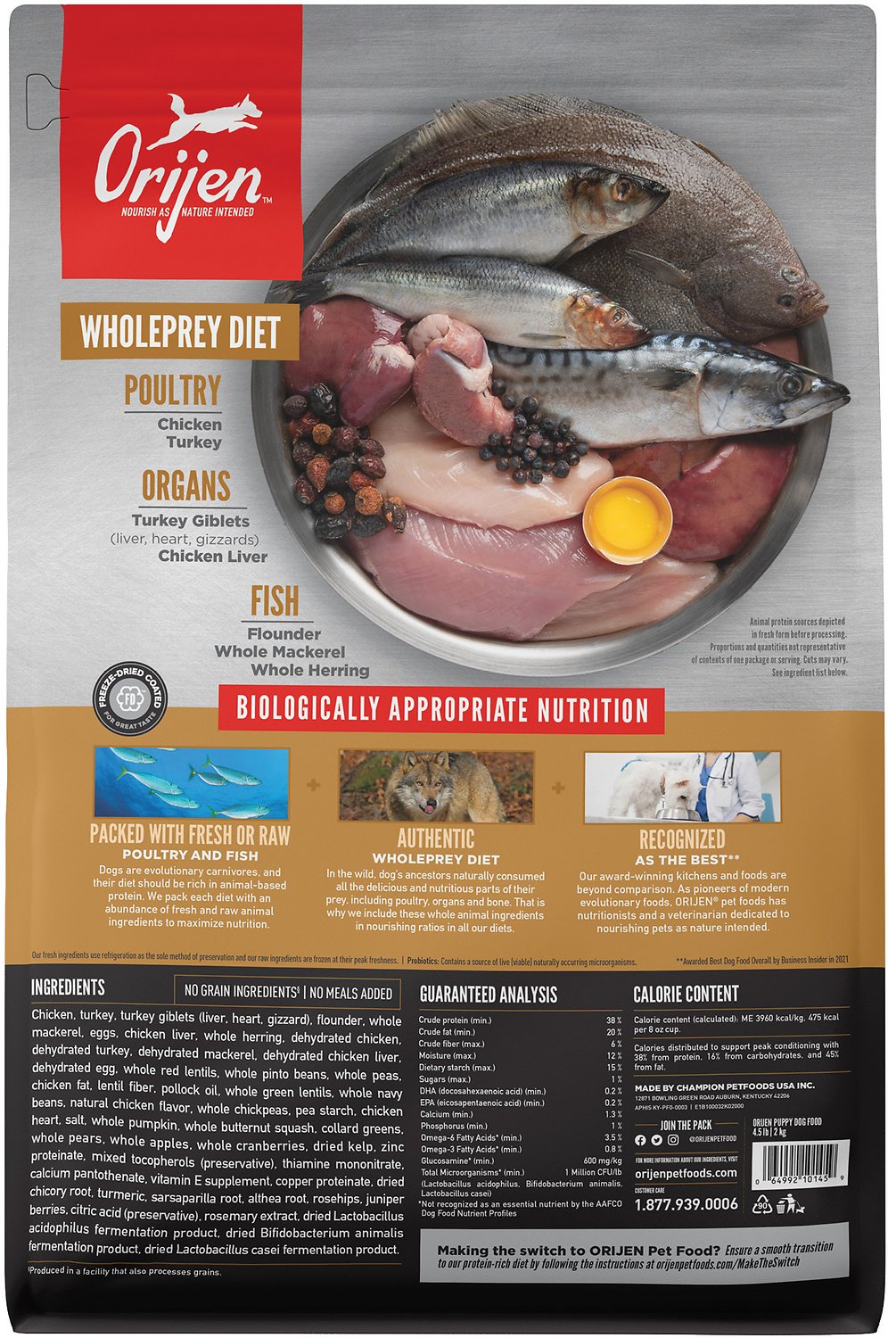 Orijen Biologically Appropriate Grain-Free Chicken Turkey & Fish Puppy Dry Dog Food - back of bag