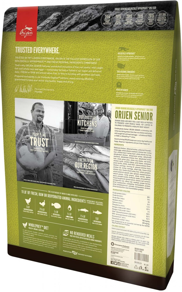Orijen Senior Biologically Appropriate Grain-Free Chicken Turkey & Fish Senior Dry Dog Food - back of bag