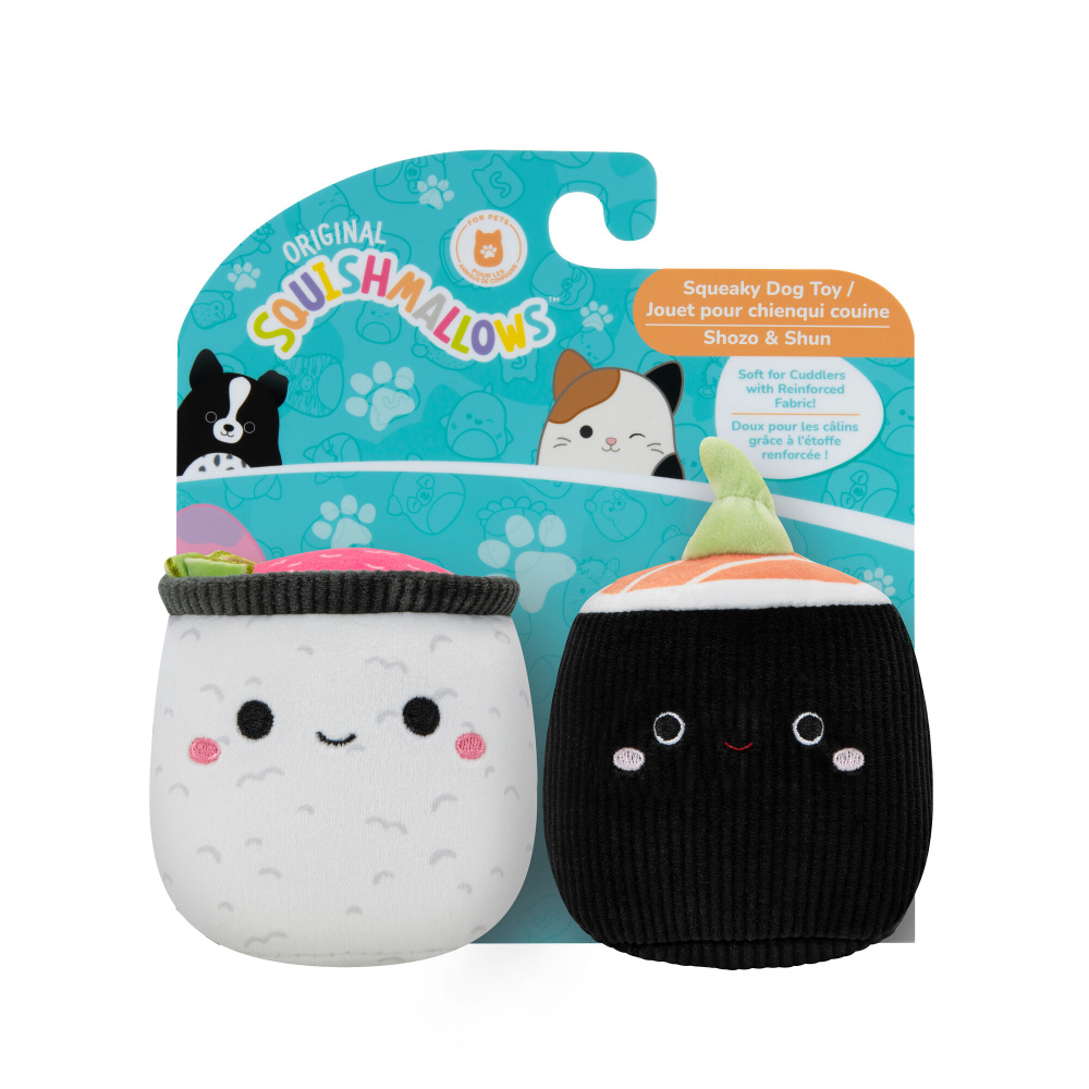 3.5 in. Squishmallows Sushi Squeaky Plush Dog Toy, Black & White – Pack of 2