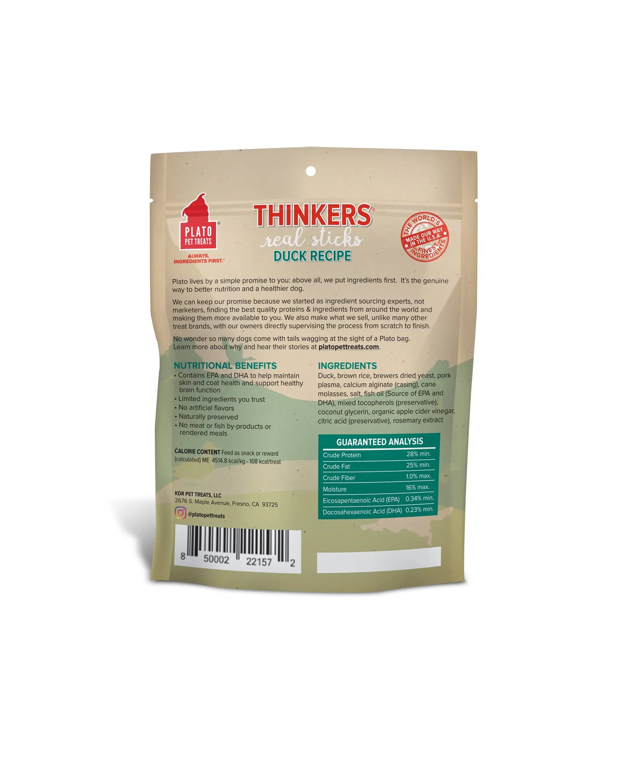 Plato Thinkers Duck Recipe Dog Treats - back of package