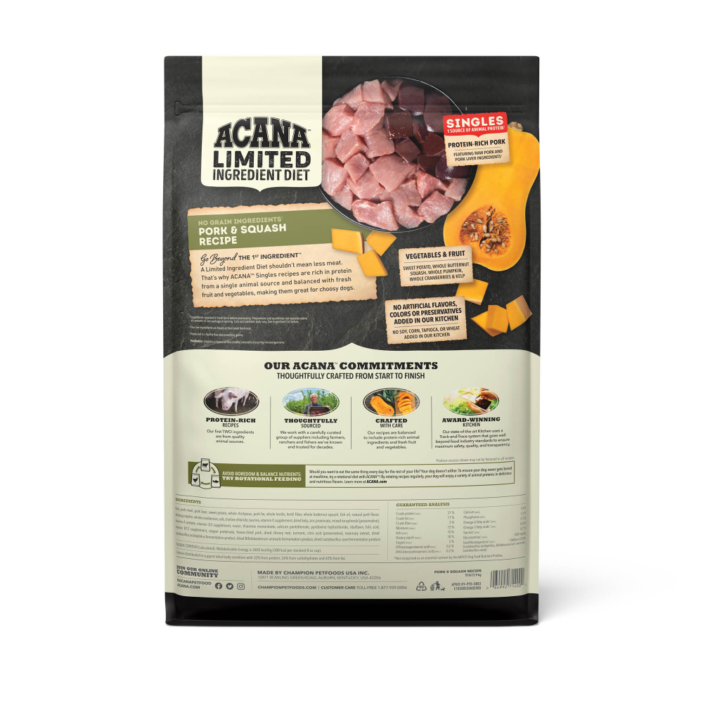 ACANA Singles Pork & Squash Limited Ingredient Dry Dog Food - back of bag
