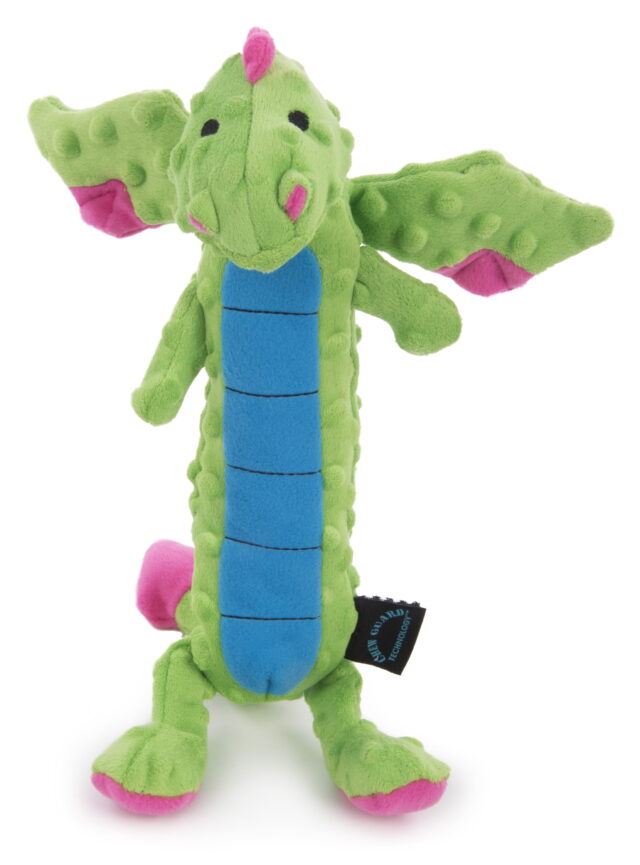 goDog Skinny Dragons Squeaky Plush Dog Toy Chew Guard Technology – Green Large