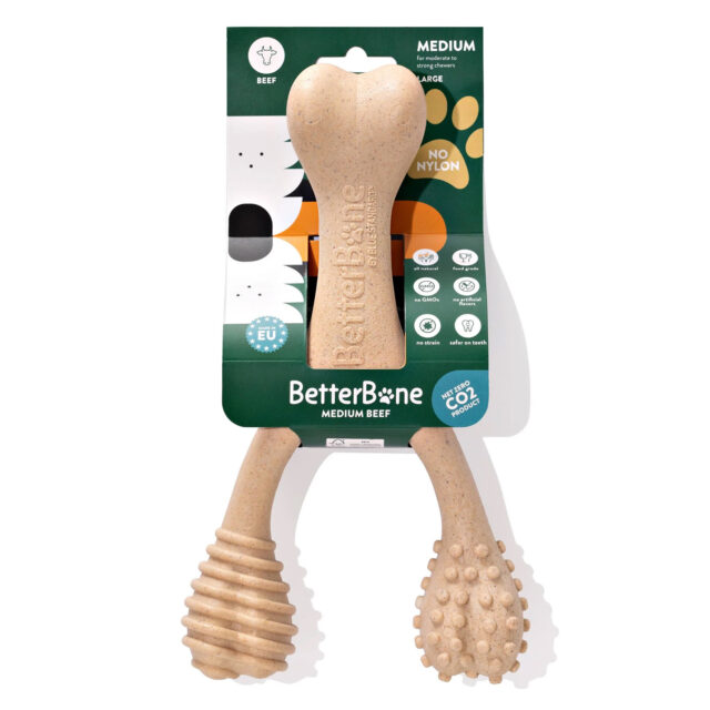 BetterBone Medium Density Beef Dog Bone Toy – L: Cellulose Material, For Adult Dogs, Chew Fetch Chase Activities