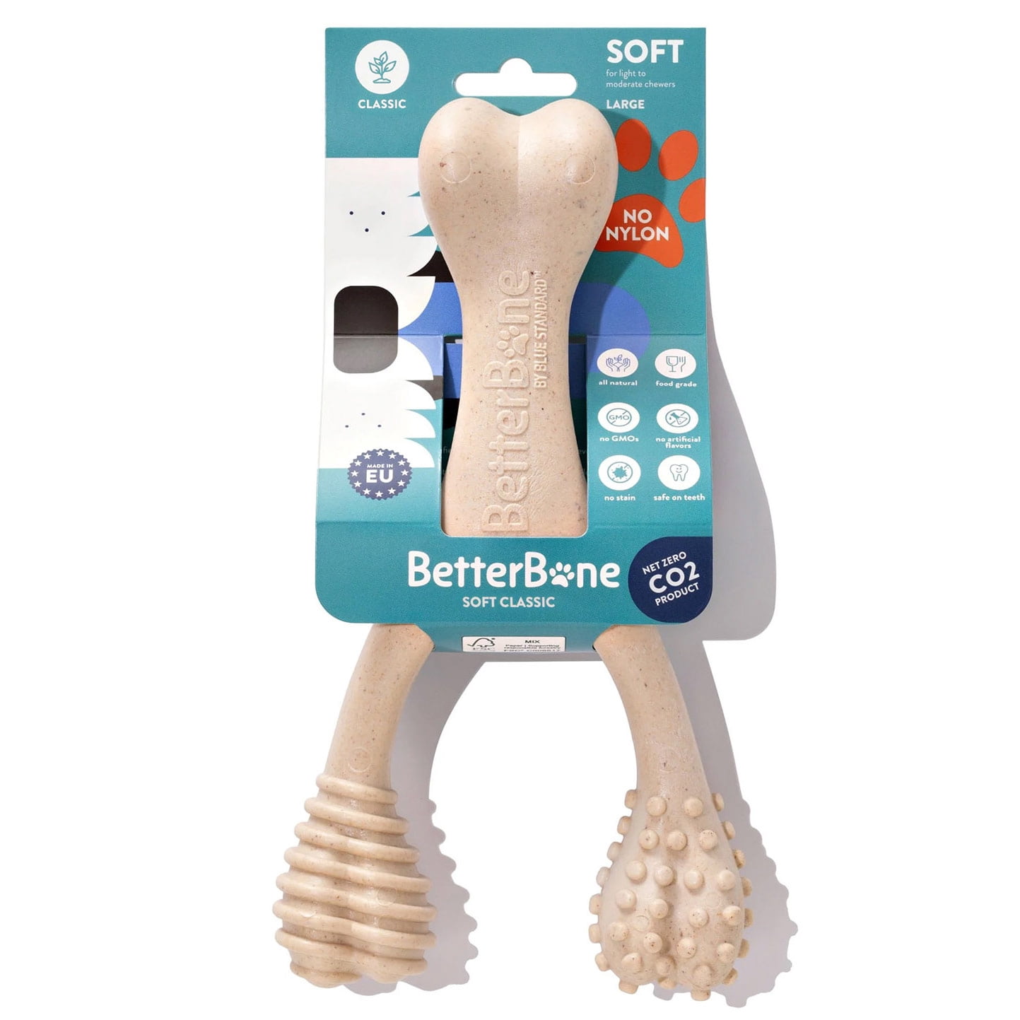 BetterBone Soft Classic Nylon Free Dog Bone Chew Toy – L: Cellulose Material, BPA-Free, Chip-Resistant