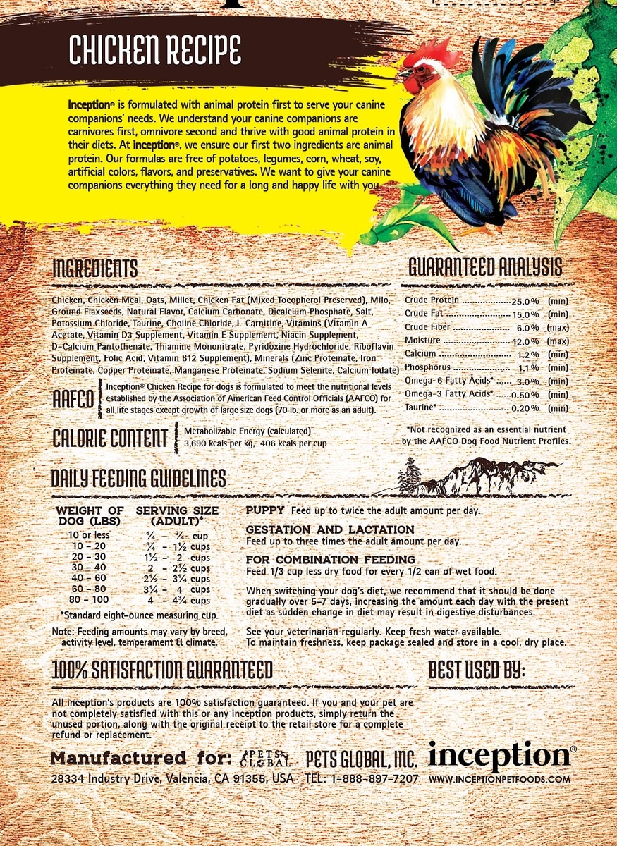 Inception® Dry Dog Food Chicken Recipe – Complete and Balanced Dog Food – Meat First Legume Free Dry Dog Food – Bag