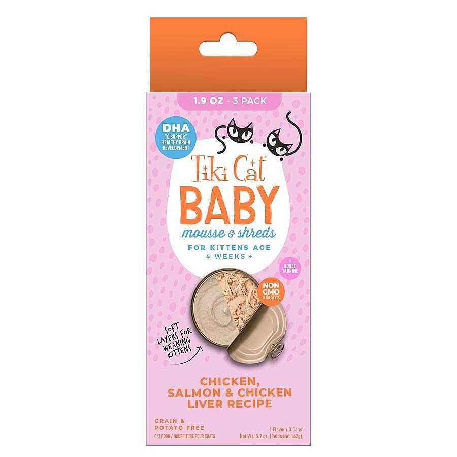 Baby Chicken, Salmon & Chicken Liver Mousse & Shreds Wet Kitten Food