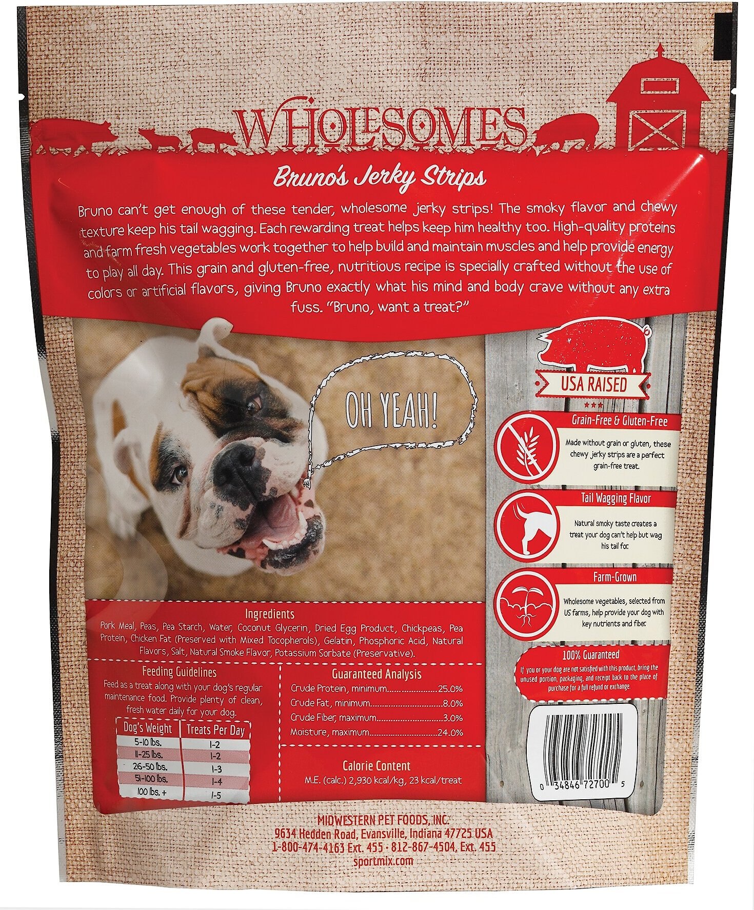Wholesomes Bruno's Pork Jerky Strips Grain Free Dog Treats 25 oz - back of package