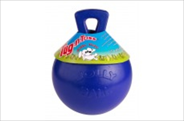 Jolly Pets Tug-N-Toss 6 inch Blue Rubber Ball with Handle Chew Toy for Dogs