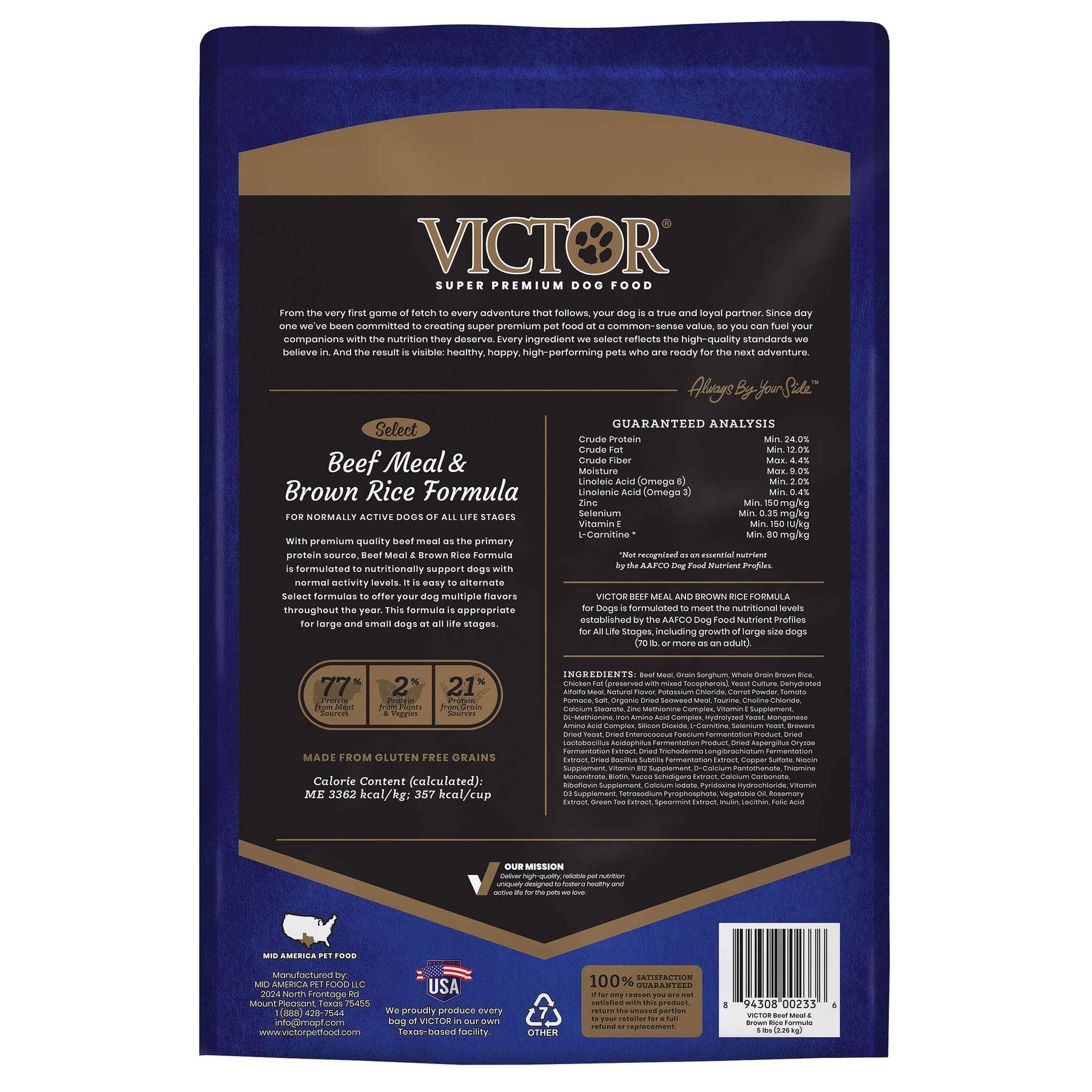 Victor Select Beef Meal & Brown Rice - back of bag