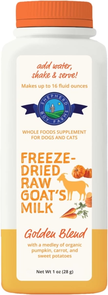 Shepherd Boy Farms Freeze Dried Raw Goats Milk for Dogs & Cats with Probiotics - Golden Blend Organic USA Veggies & Fruits, High Protein, Digestible