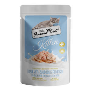 Fussie Cat Kitten Tuna with Salmon & Pumpkin in Goat Milk Mousse & Shreds 1.5oz